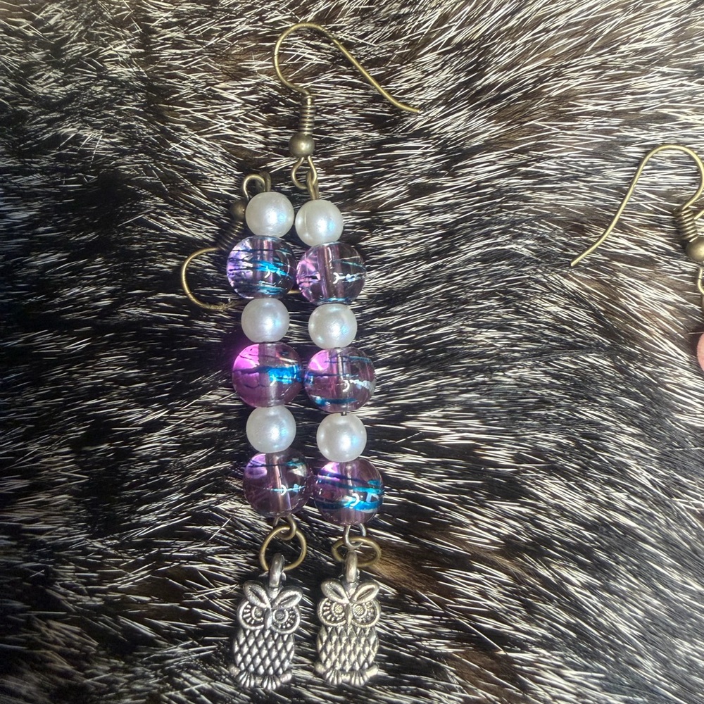 Elegant Purple and Silver Owl Earrings